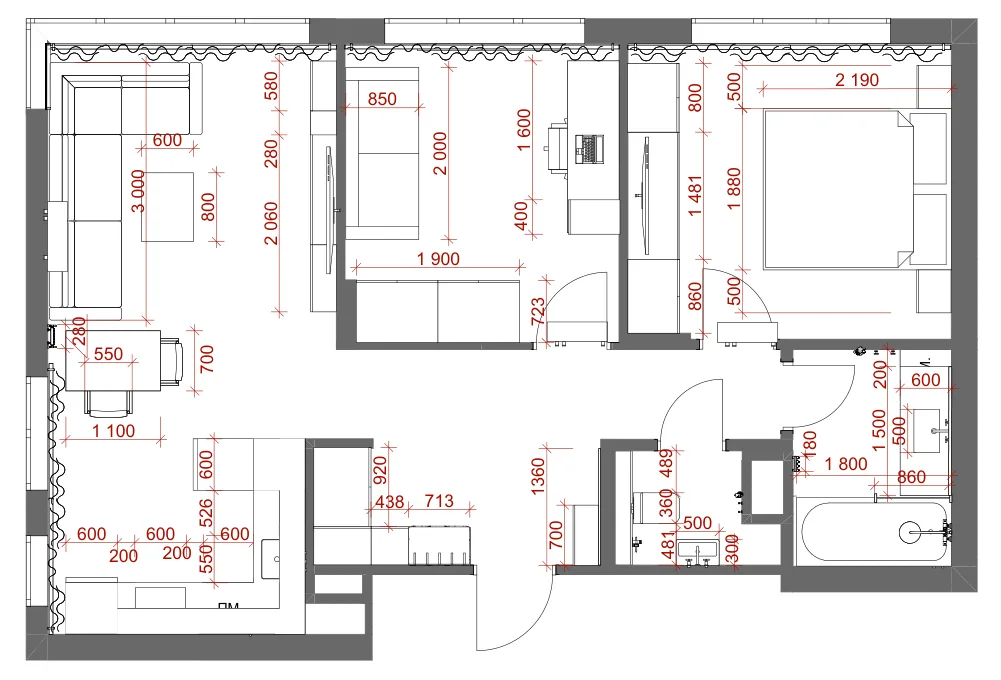 План расстановки мебели — чертёж из дизайн-проекта квартиры 64,8 м²
